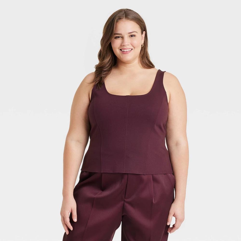 Womens Slim Fit Ponte Corset Tank Top - A New Day Burgundy 3X Product Image