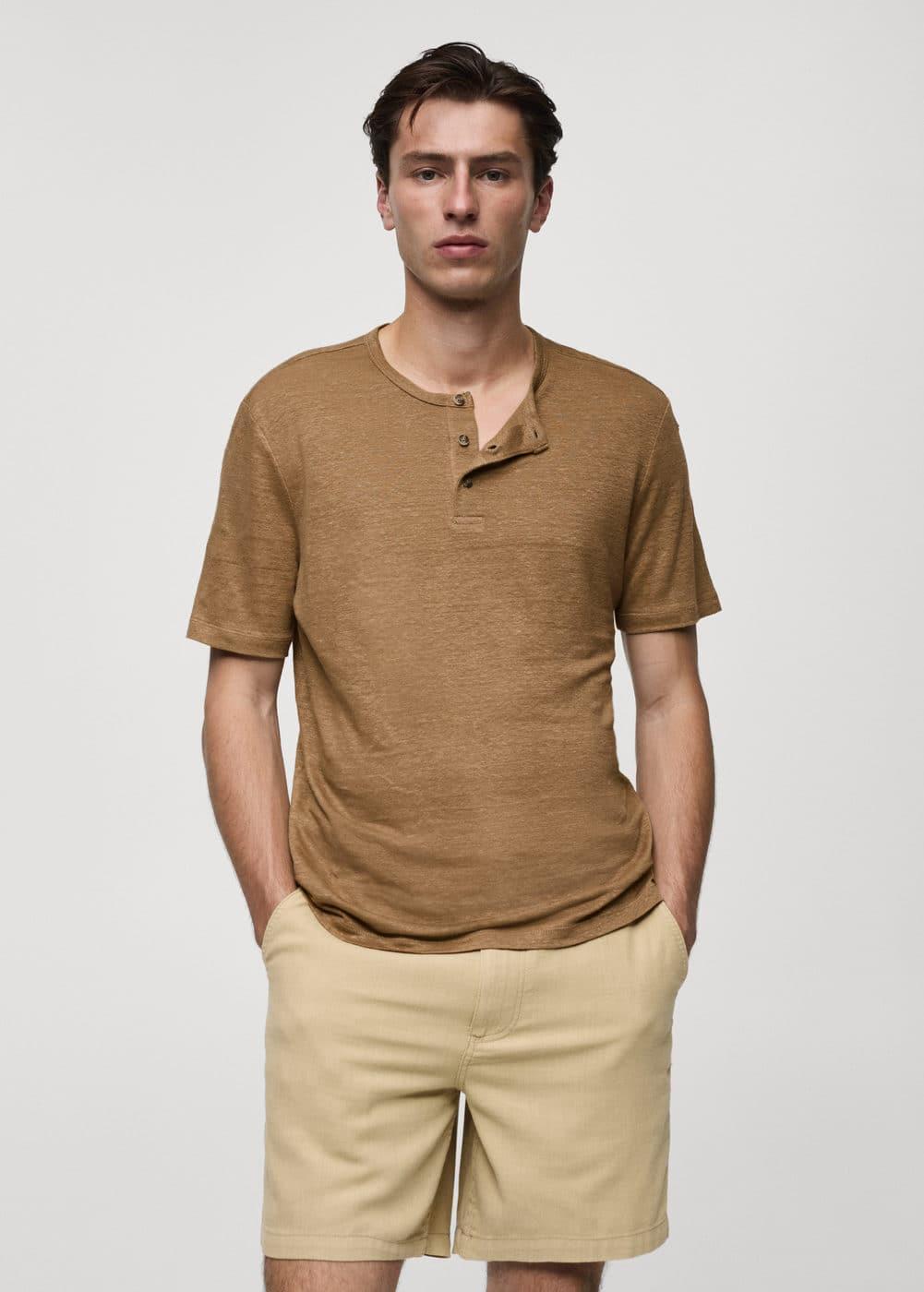 MANGO MAN - Slim-fit linen-blend t-shirt beigeMen Product Image