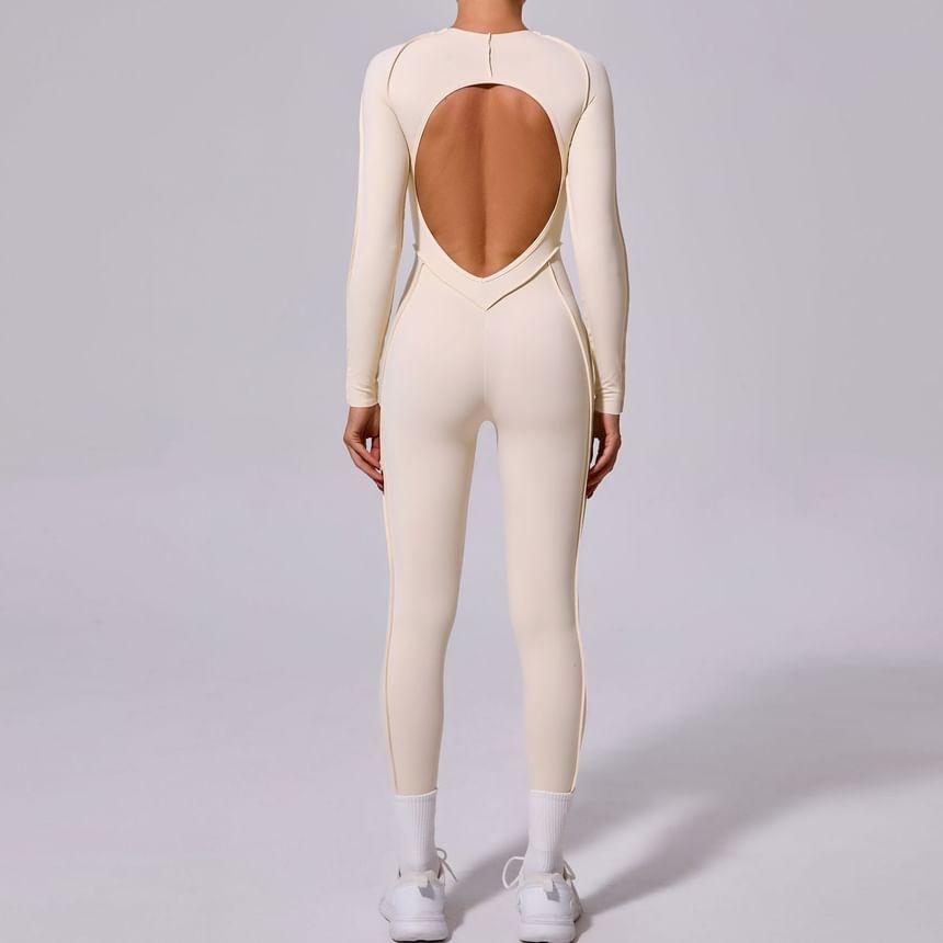 Long-Sleeve Plain Inside Out Seam Sports Jumpsuit Product Image