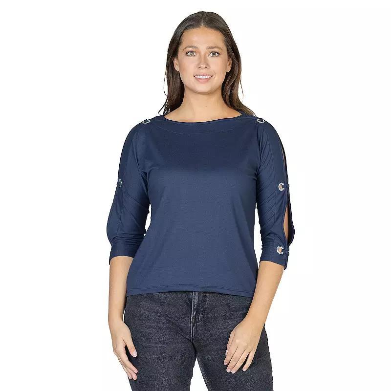 Womens 24Seven Comfort Apparel Three-Quarter Sleeve Boatneck Cold Shoulder Top Blue product image