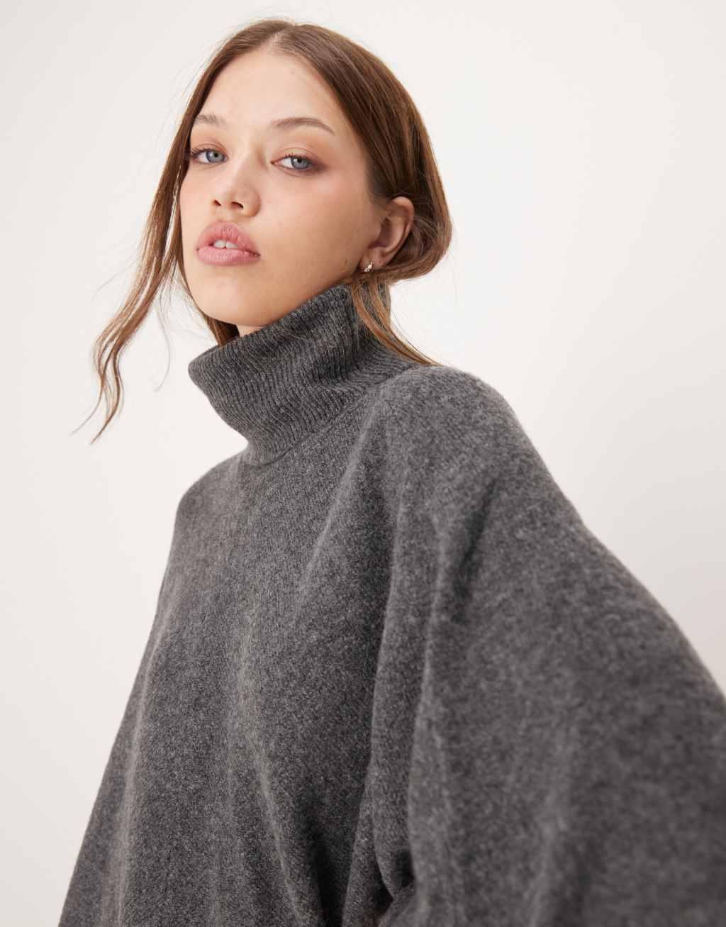 JDY roll neck knit poncho in dark gray melange Product Image