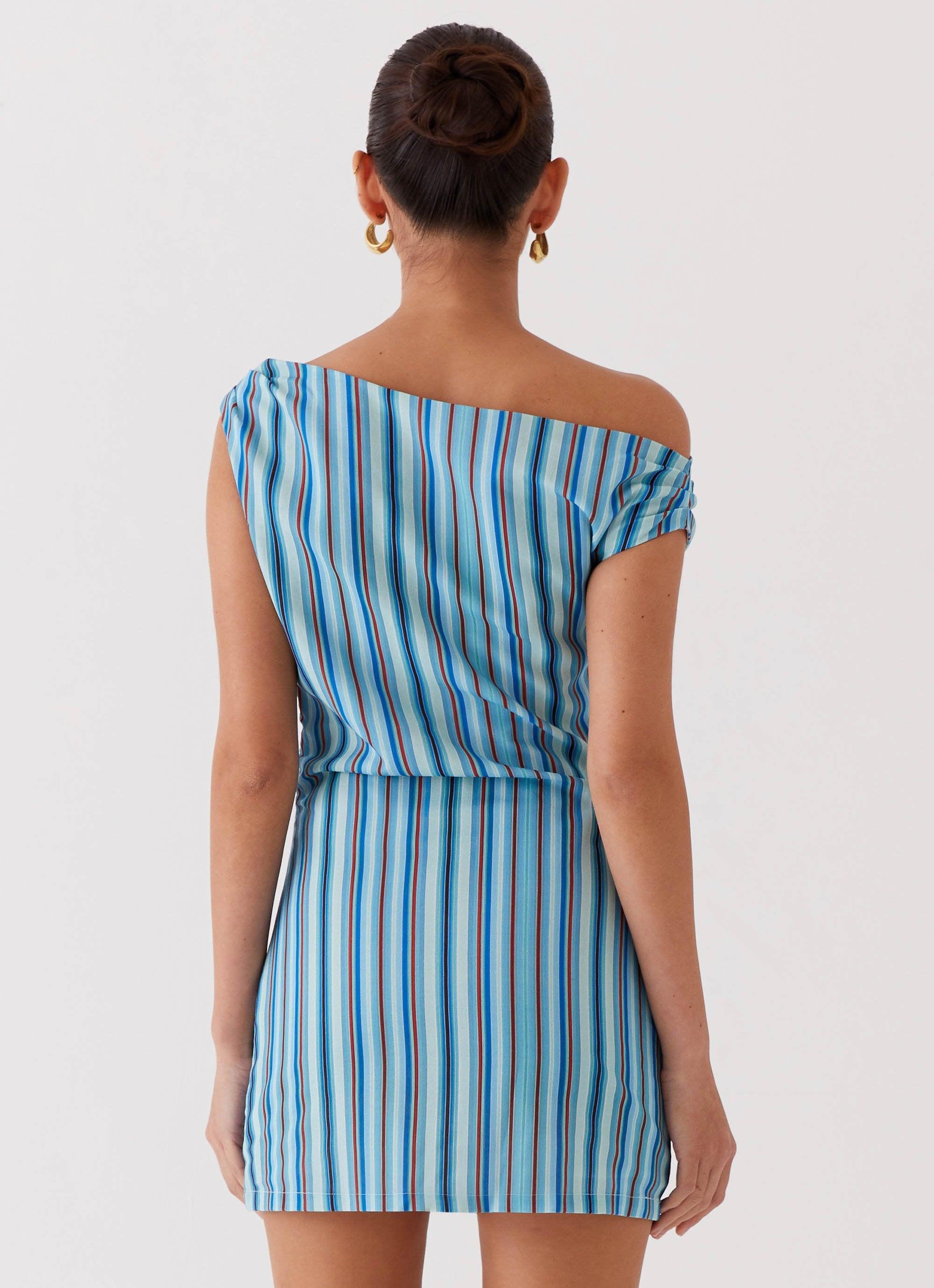 Saona Off Shoulder Mini Dress - Blue Stripe Product Image