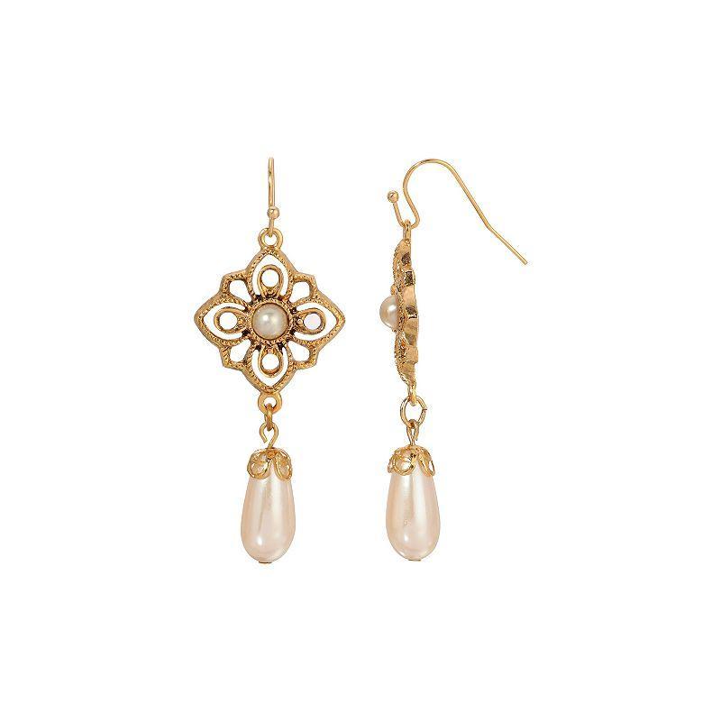 1928 Gold Tone Filigree Faux Pearl Drop Earrings, Womens, White Product Image