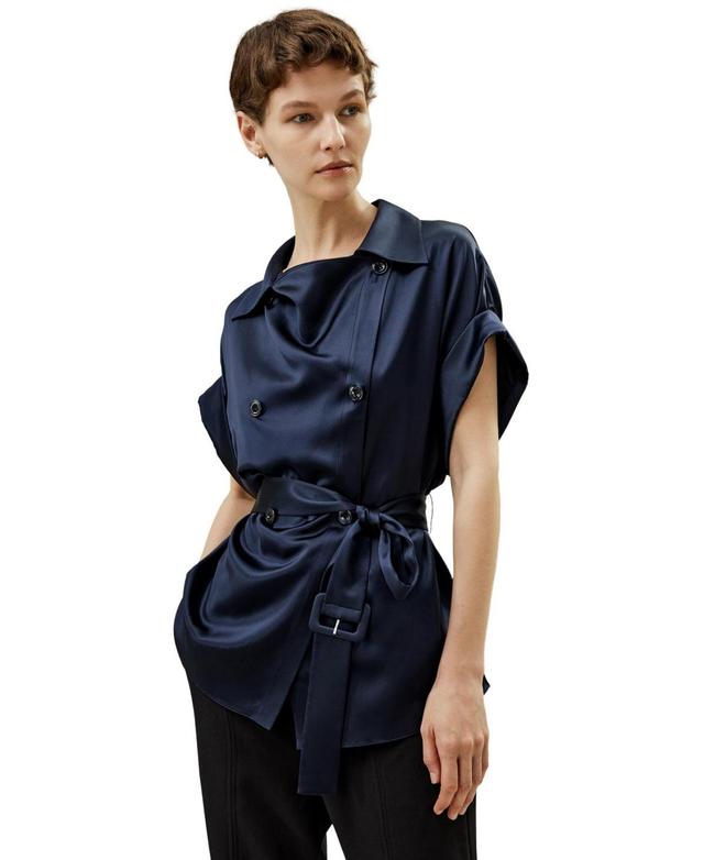 Roll-up Short Sleeves Top with Waist Belt for Women Product Image