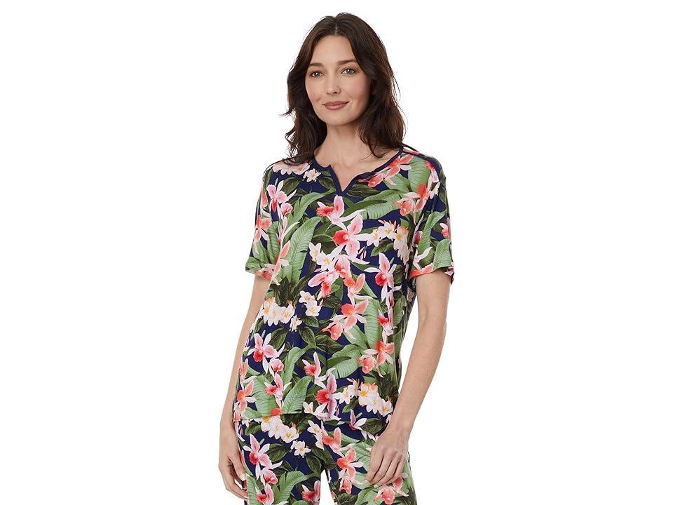 Tommy Bahama Knit Floral Print Short Sleeve Split V-Neck Coordinating Pajama Set Product Image