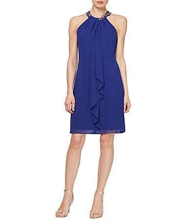 Ignite Evenings Beaded Braid Sleeveless Halter Neck Chiffon Ruffle Front Dress Product Image