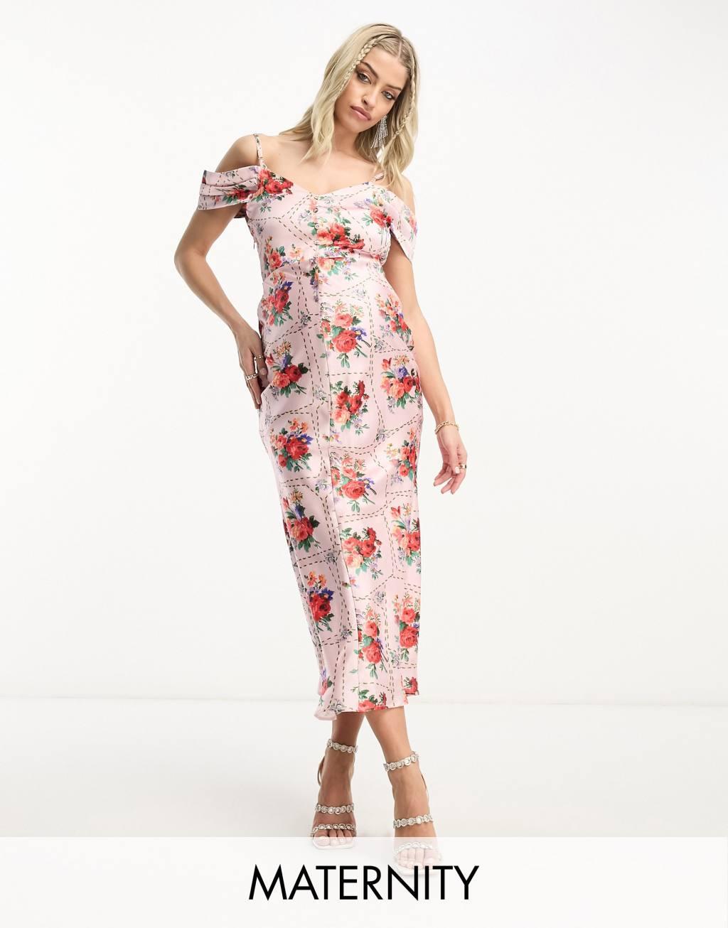 Hope & Ivy Maternity cold shoulder satin midi dress in red floral tile print Product Image