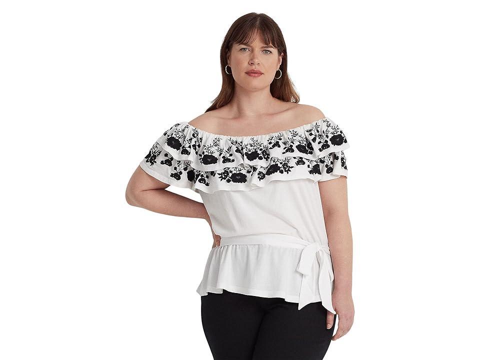 LAUREN Ralph Lauren Plus Size Embroidered Jersey Off-the-Shoulder Top Black) Women's Clothing Product Image