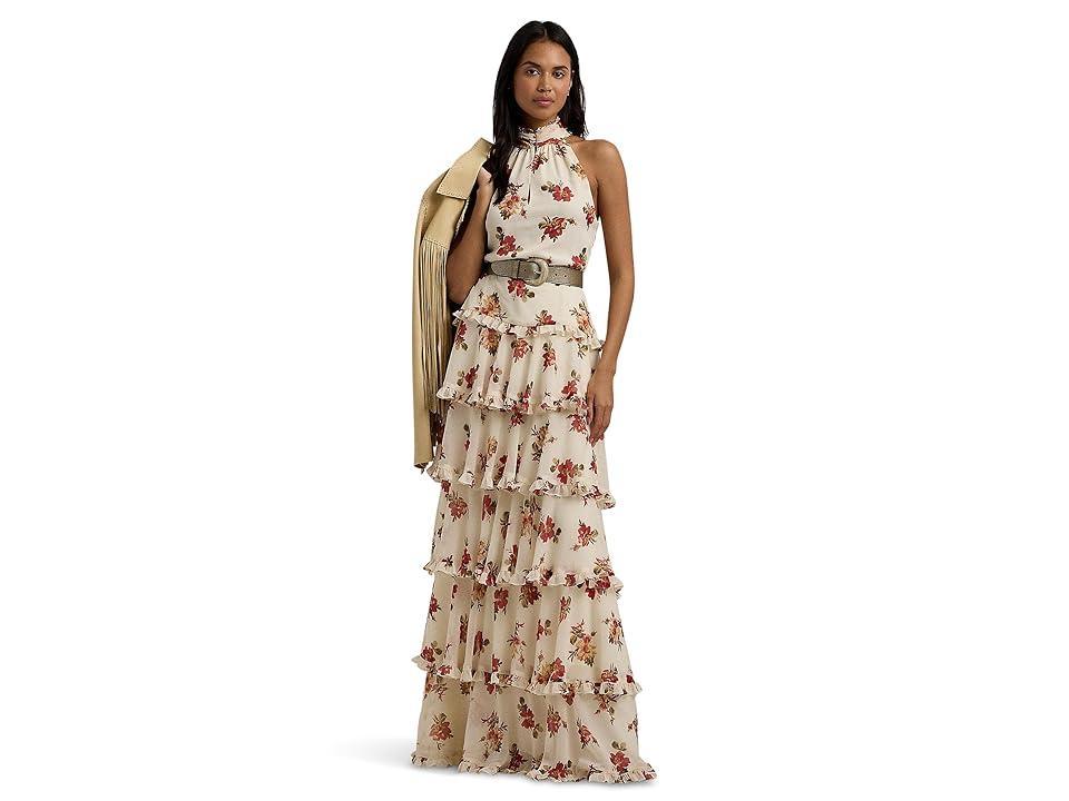 LAUREN Ralph Lauren Floral Crinkle Georgette Tiered Gown (Cream ) Women's Dress Product Image