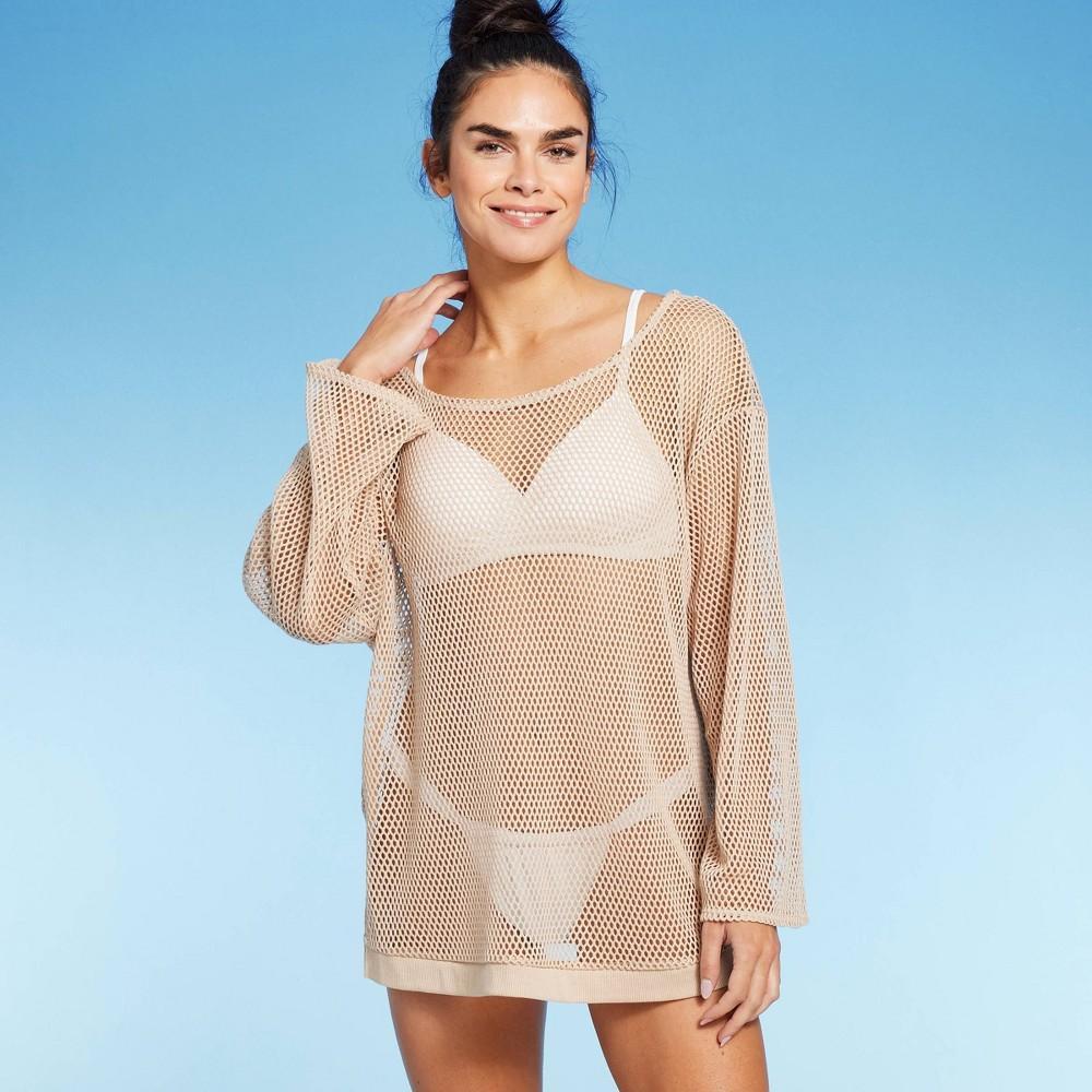 Womens Long Sleeve Crochet Cover Up Sweater - Shade & Shore Light Brown Product Image