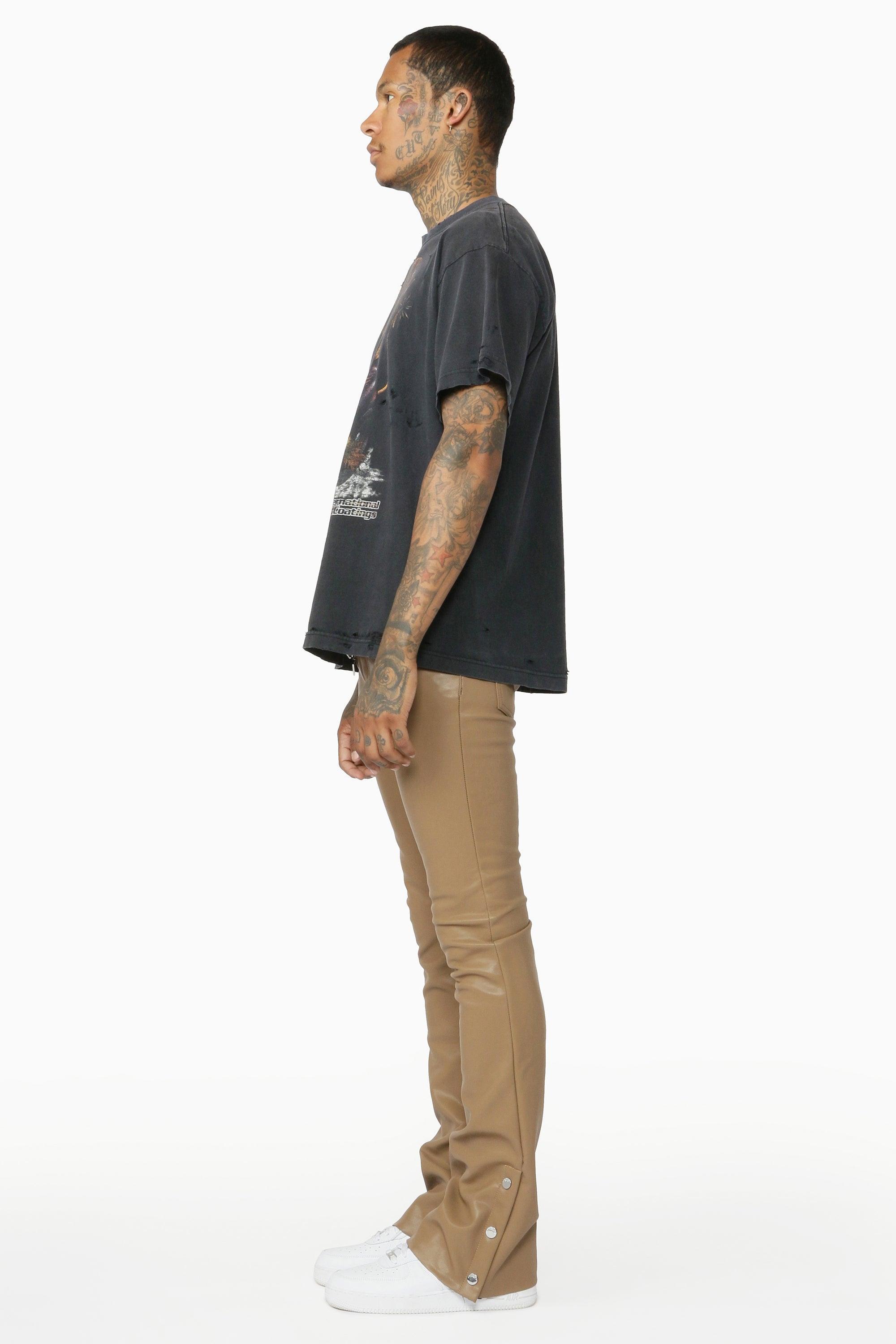 Ennis Beige PU Stacked Flare Jean Male Product Image