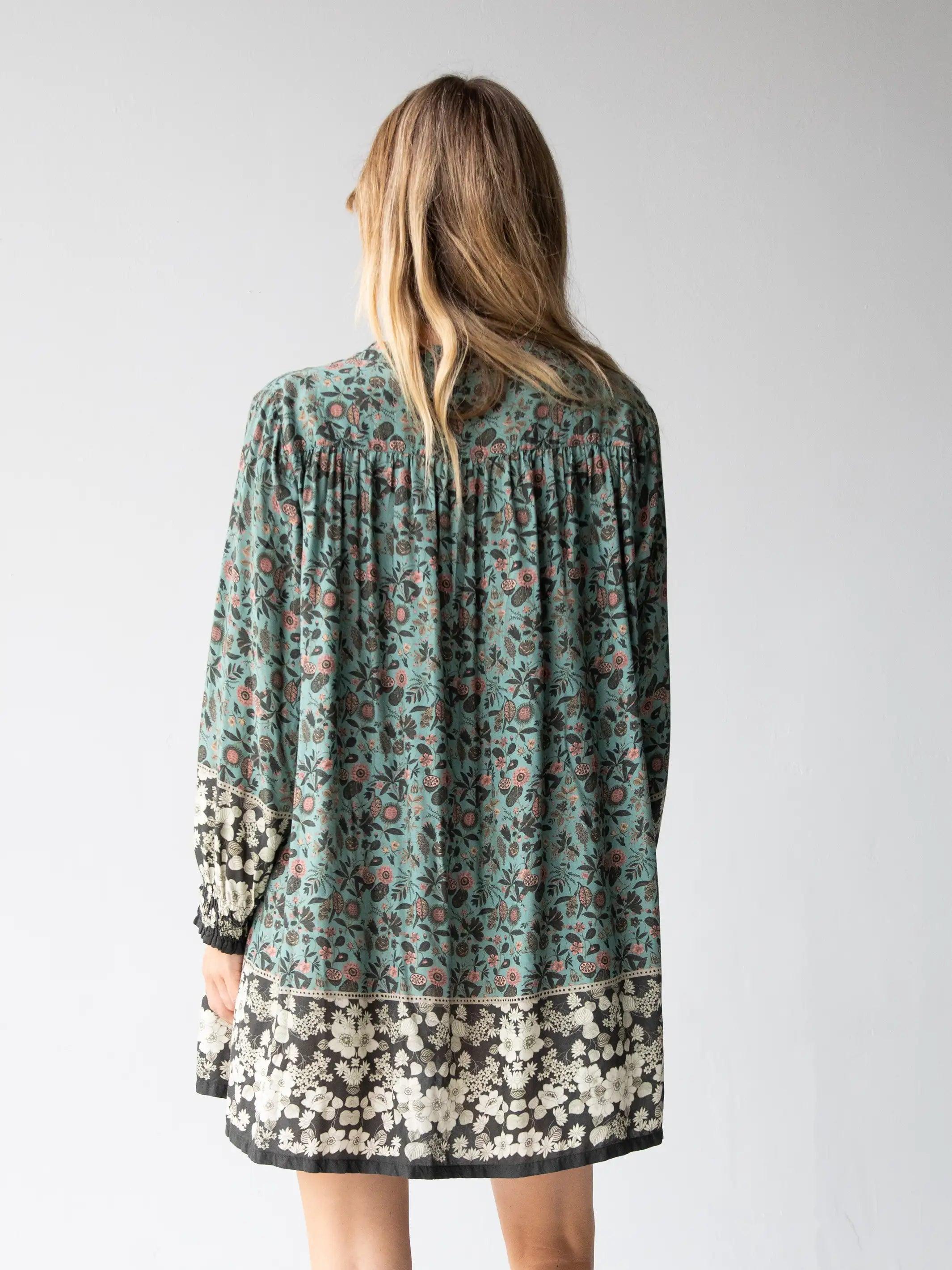 Dara V-Neck Tunic Dress - Sage Black Floral Border Product Image