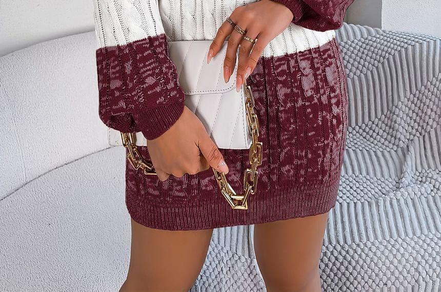 Crew Neck Color Block Cable Knit Mini Sheath Sweater Dress Product Image