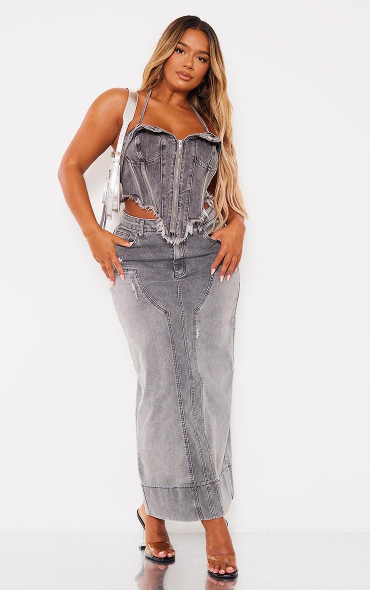  Shape Grey Denim Washed Maxi Skirt Product Image