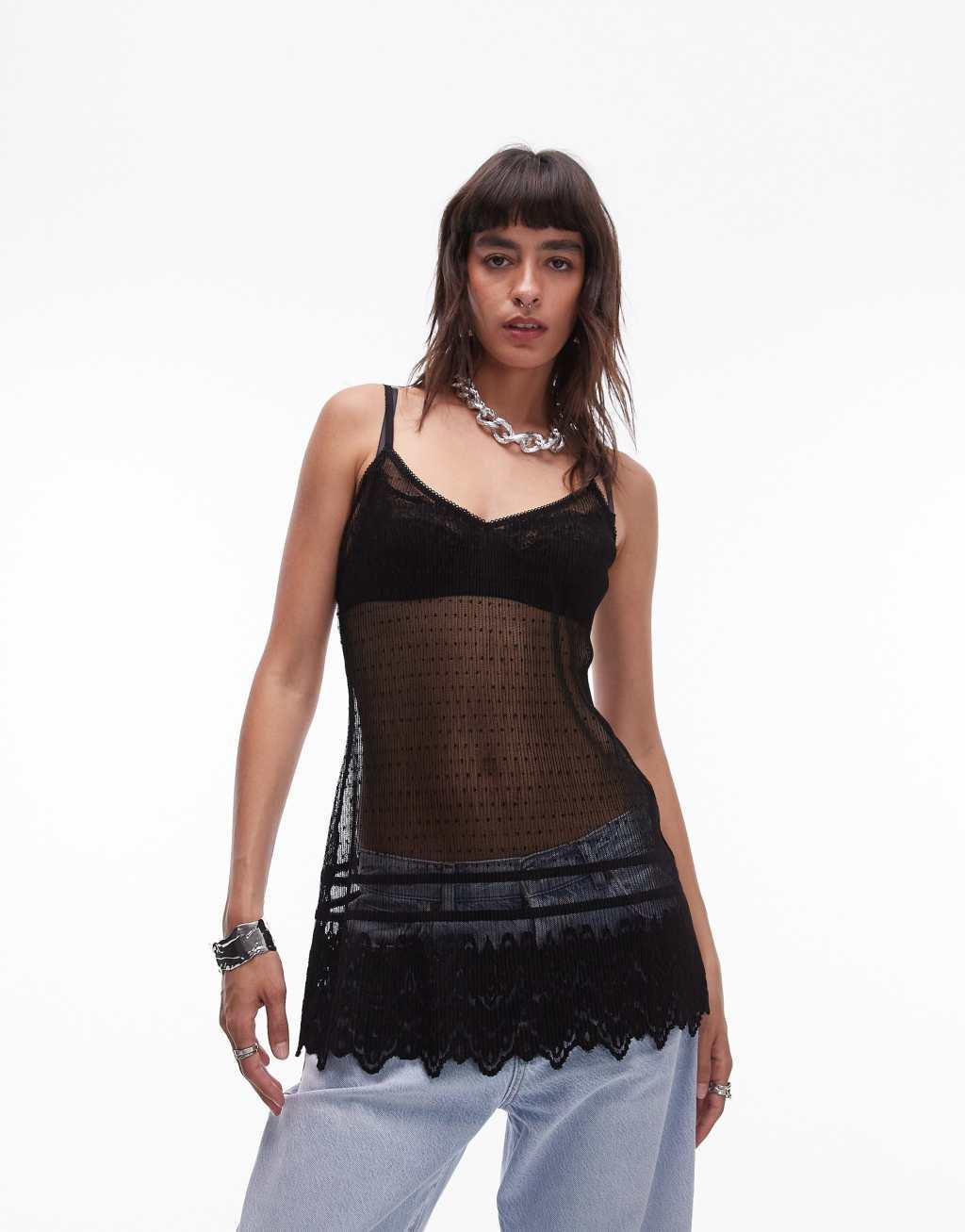 Topshop textured lace cami top in black  Product Image