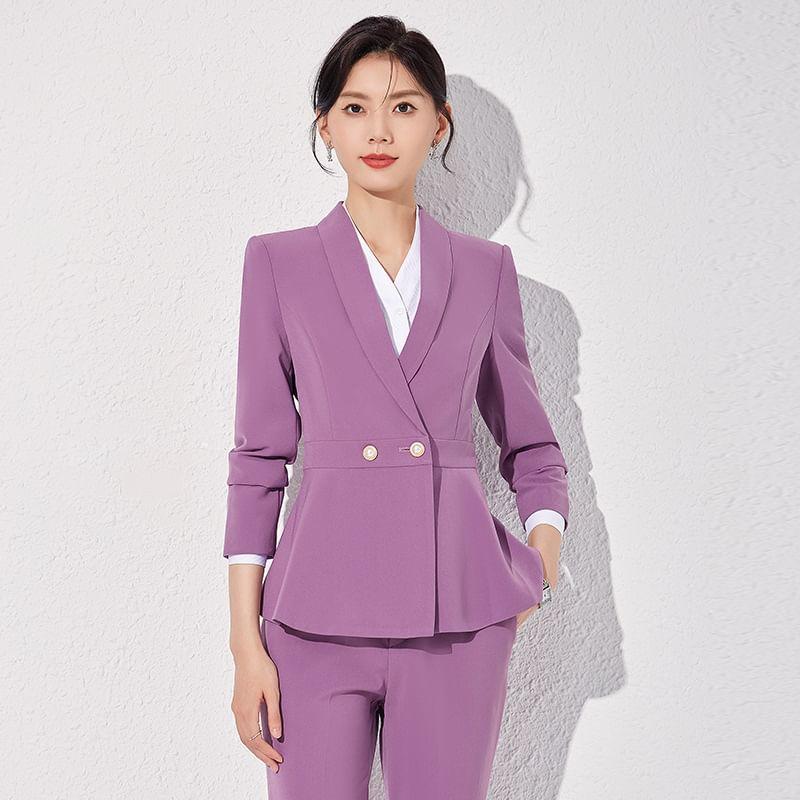 Shawl Lapel Plain Peplum Double Breasted Blazer / High Rise Flared Dress Pants / Set Product Image