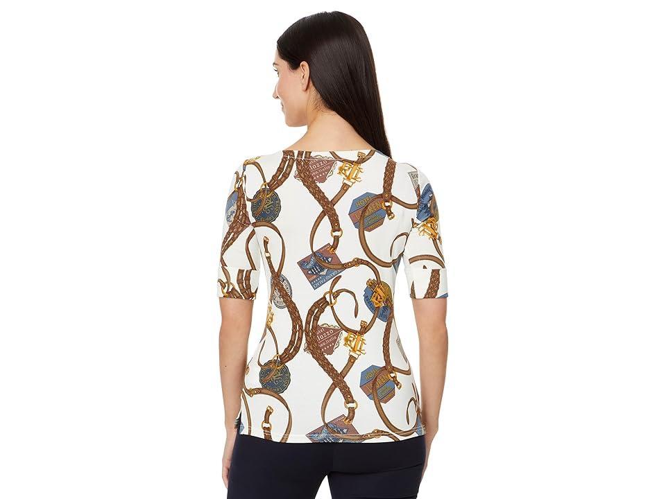 Lauren Ralph Lauren Print Stretch Cotton Boatneck Tee (Cream ) Women's Clothing Product Image