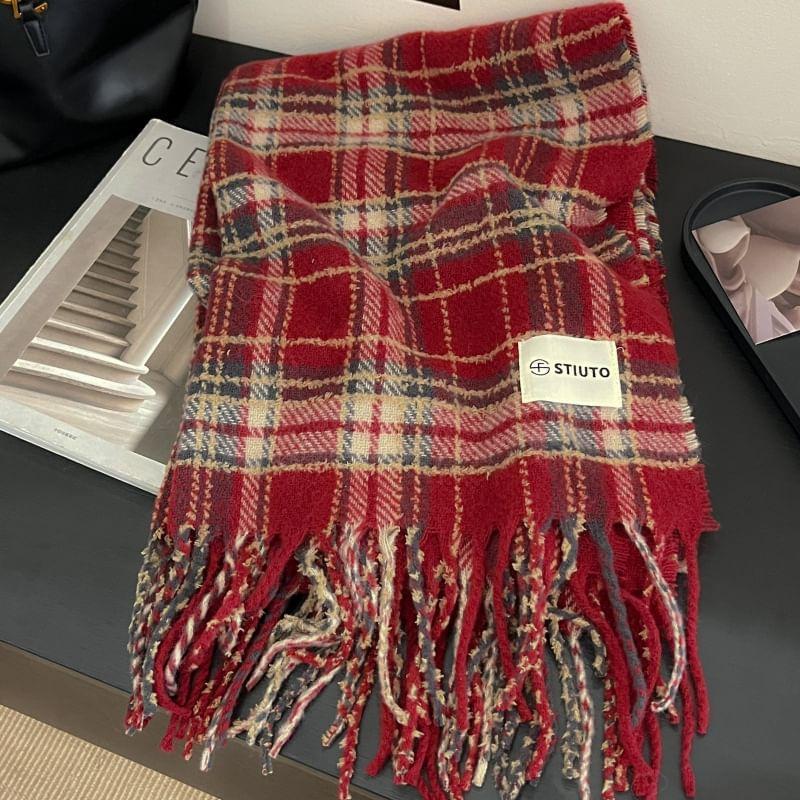 Plaid Applique Fringed Knit Scarf Product Image