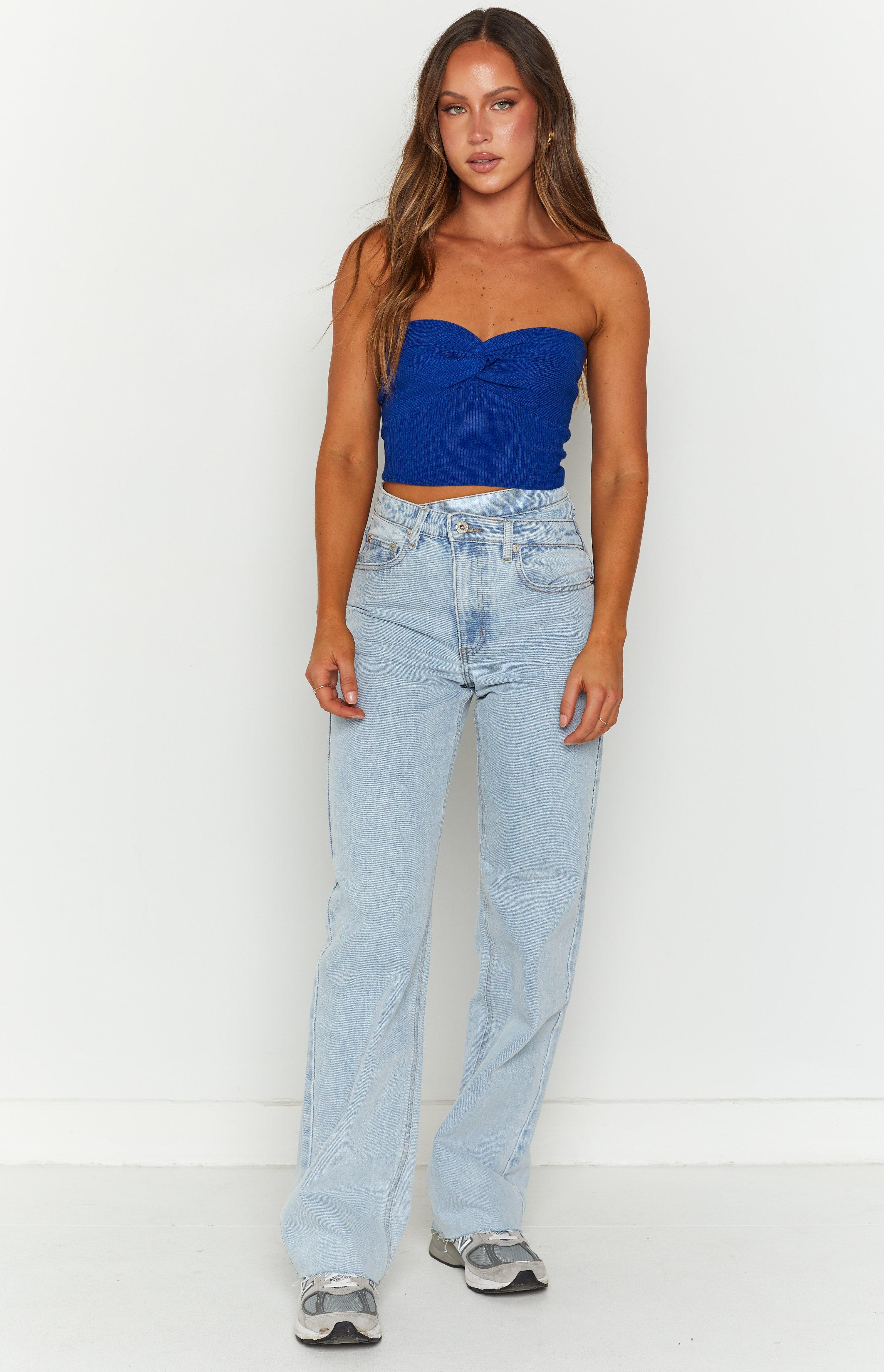 Kansis Light Blue Uneven Waist Jeans Product Image