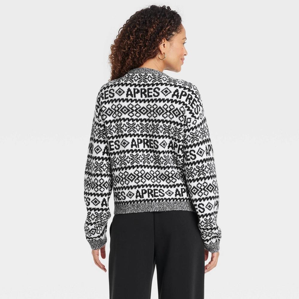 Women's Holiday Crewneck Pullover Sweater - A New Day™ Black/Cream Fair Isle Apres L Product Image