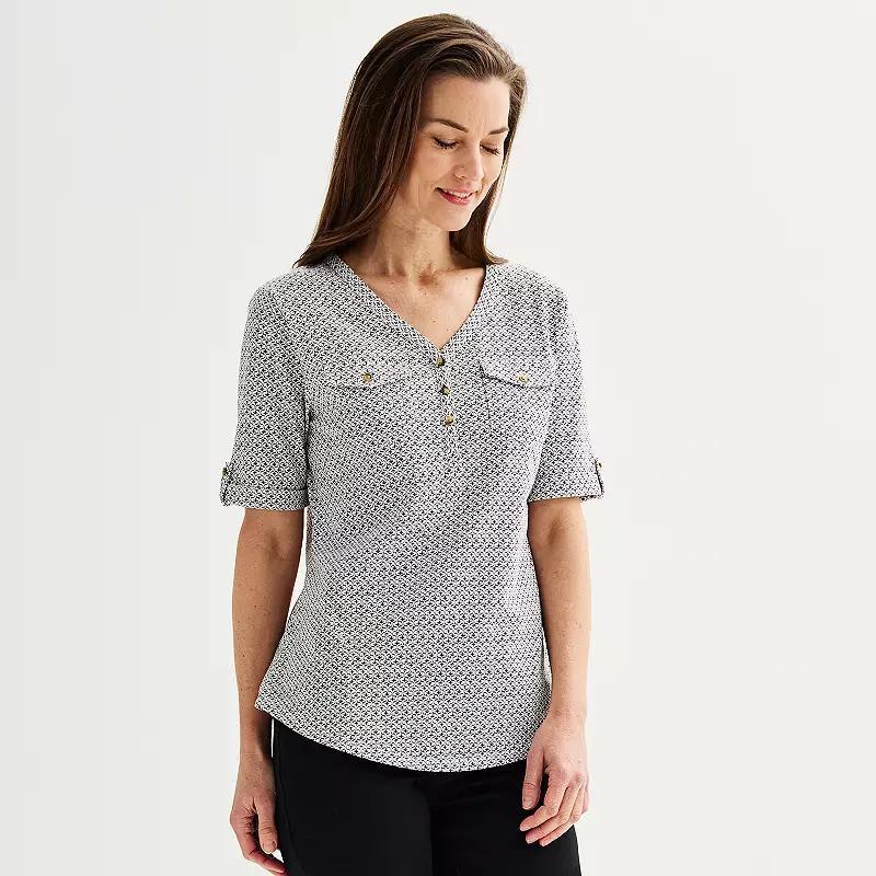 Petite Croft & Barrow Elbow Sleeve Utility Henley Top, Womens Product Image