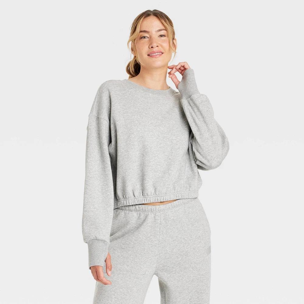 Womens Fleece Cropped Crewneck Pullover Sweatshirt - JoyLab Heathered XS Product Image