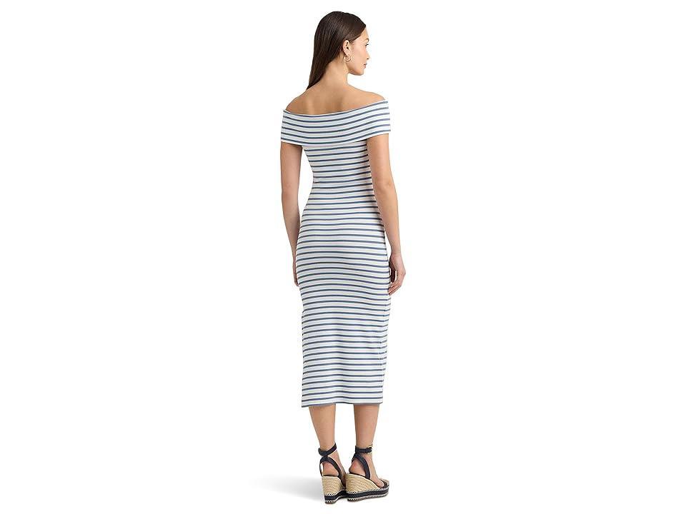 Lauren Ralph Lauren Striped Off-the-Shoulder Midi Dress Pale Azure) Women's Dress Product Image