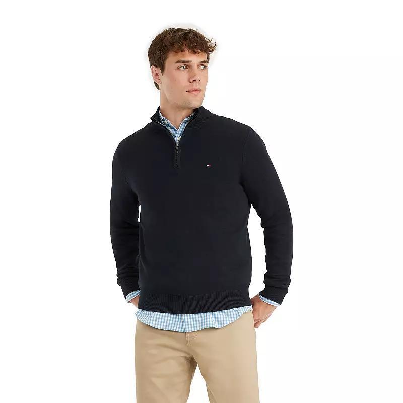 Mens Tommy Hilfiger Combed-Cotton Quarter-Zip Sweater Blue Product Image