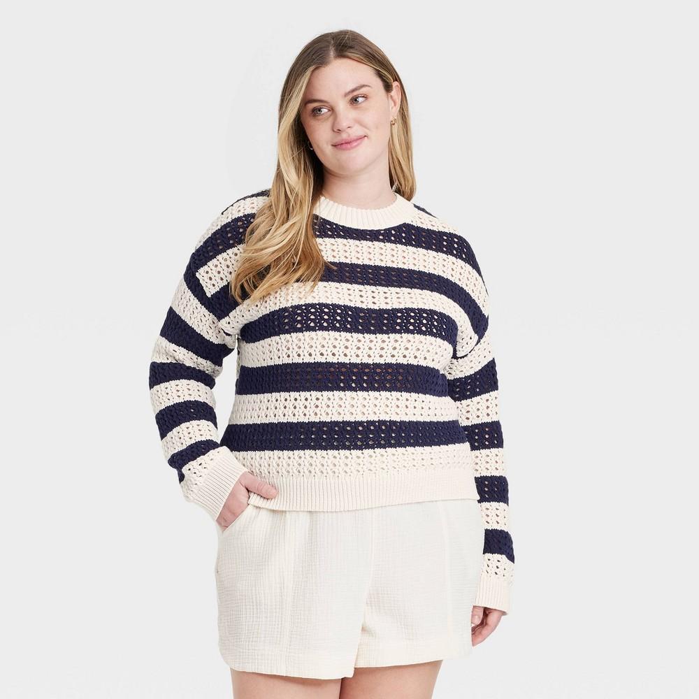 Womens Openwork Crewneck Pullover Sweater - Universal Thread Blue Striped 2X Product Image