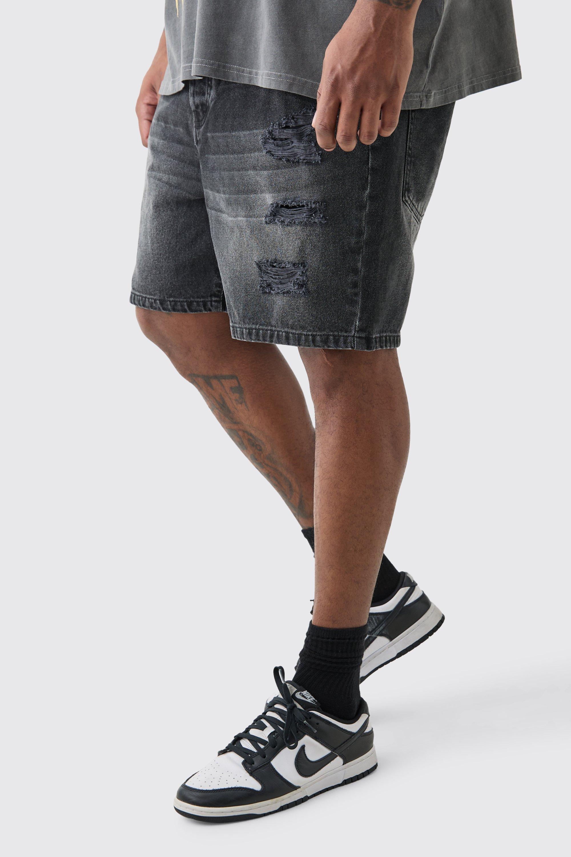 Mens Plus Slim Fit Distressed Denim Shorts In Washed Black, Black Product Image