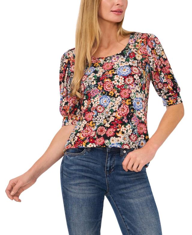 CeCe Womens Floral-Print Shirred-Sleeve Top Product Image