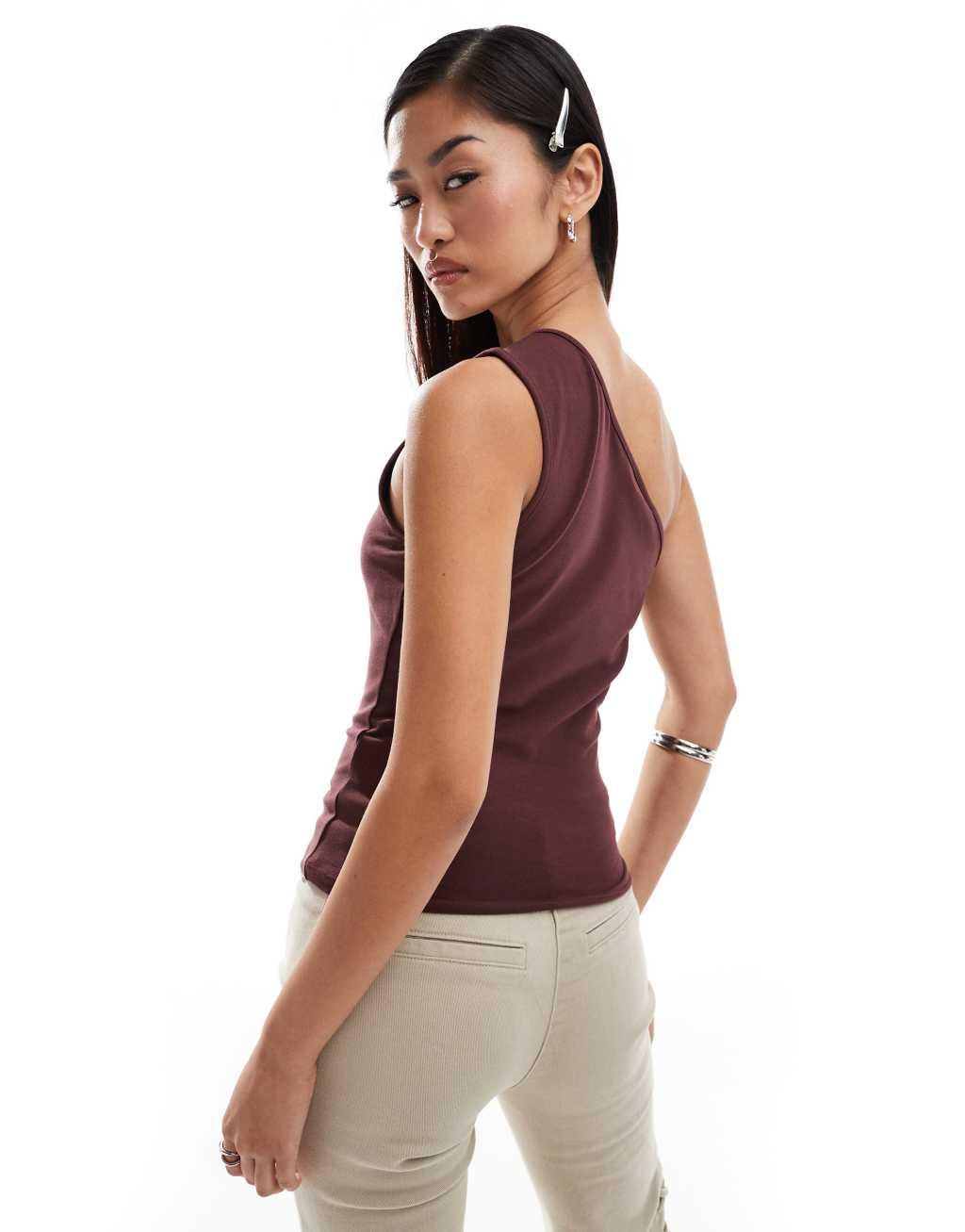 Weekday Cindy one shoulder top in burgundy exclusive to ASOS Product Image