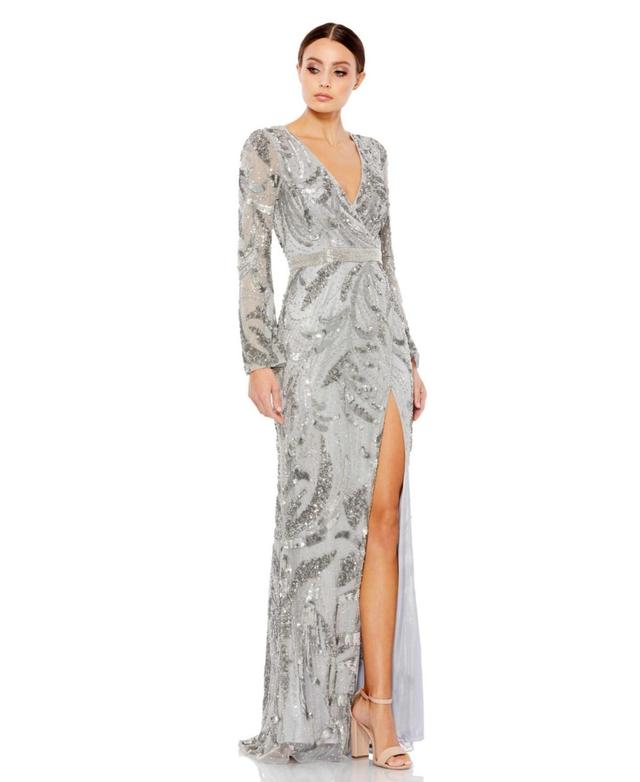 Womens Sequin Wrap Long Sleeve Gown Product Image