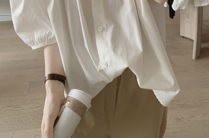 Puff-Sleeve Crew Neck Plain Blouse Product Image