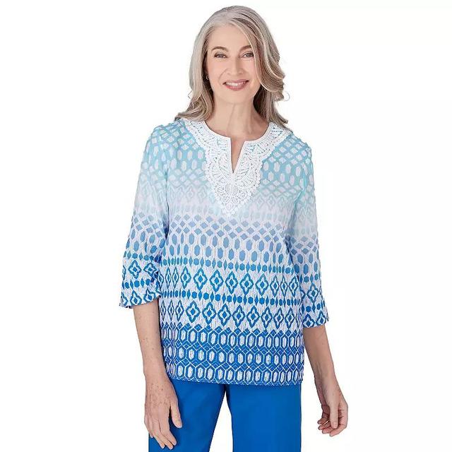 Womens Alfred Dunner Ombre Diamond Print Lacey V-Neck Tunic Top Blue Blue Product Image