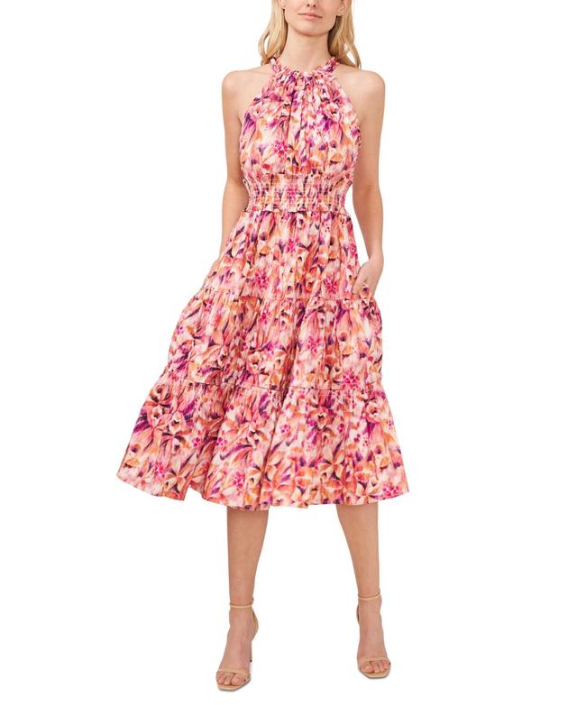 Women's Printed Tie Back Smocked Waist Tiered Midi Dress Product Image