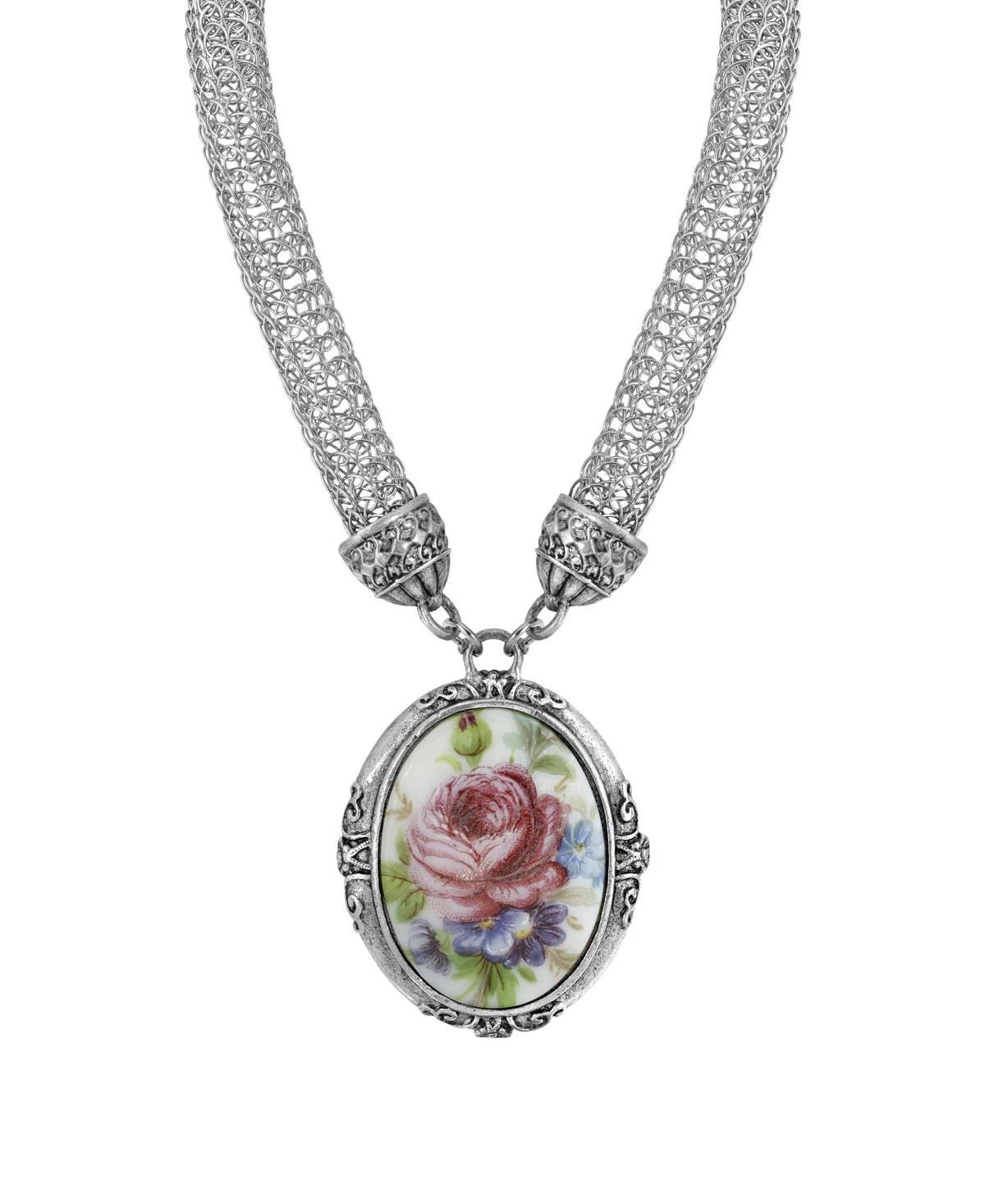 1928 Siver Tone Oval Floral Pendant Necklace with Mesh Chain, Womens, Pink Product Image