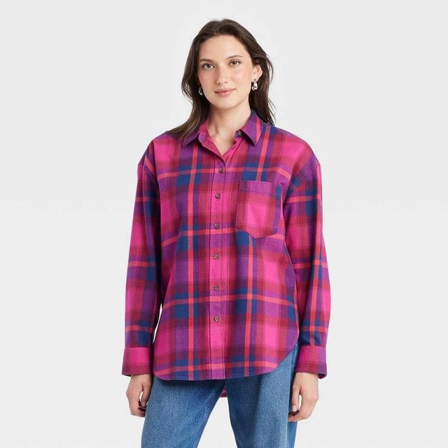 Womens Oversized Flannel Long Sleeve Collared Button-Down Shirt - Universal Thread Plaid XL Product Image