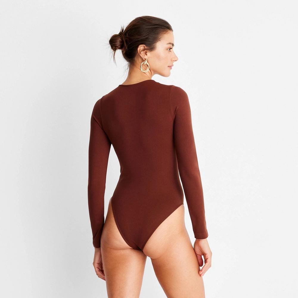 Women's Long Sleeve Seamless Bodysuit - A New Day™ Brown M Product Image