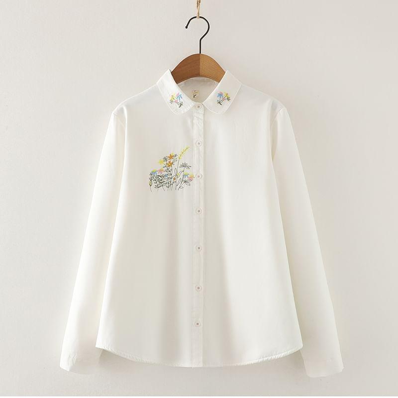 Long Sleeve Collared Floral Embroidered Shirt Product Image