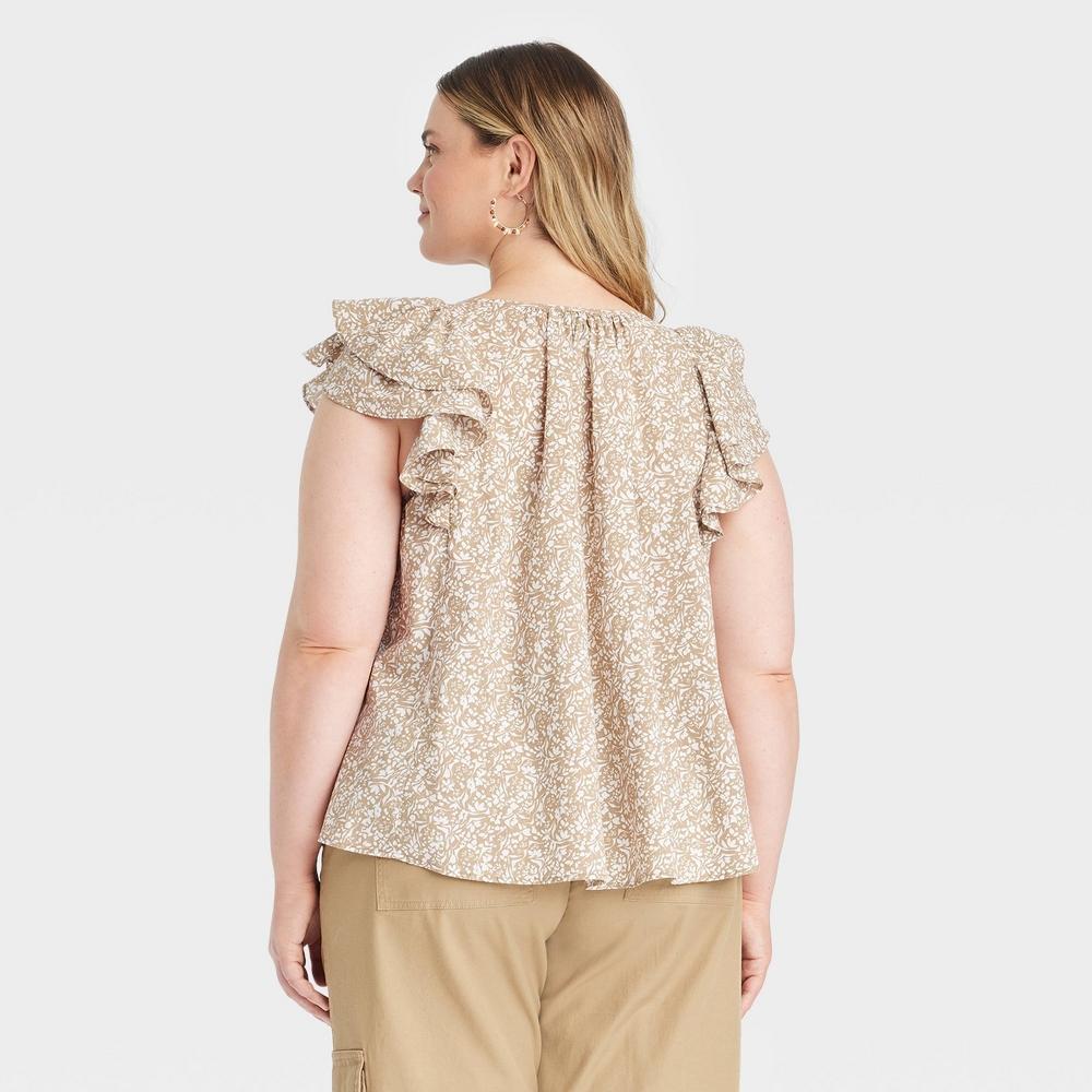 Womens Ruffle Short Sleeve Blouse - Universal Thread Tan/White Floral 3X Product Image