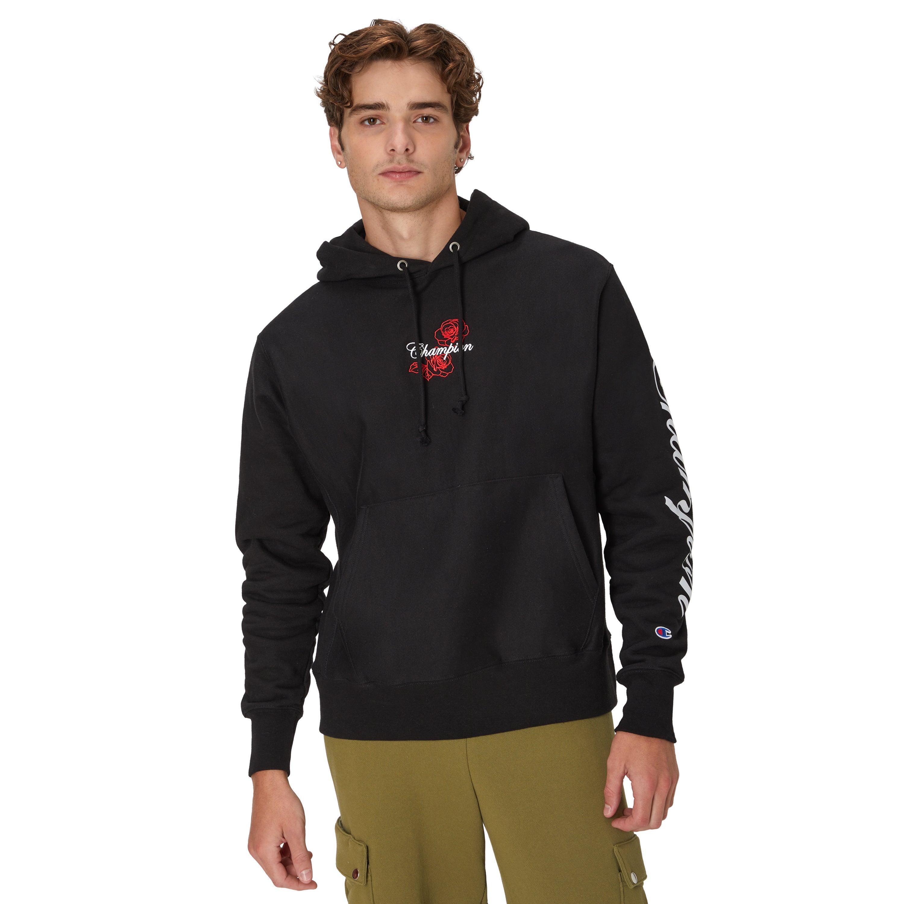 Mens Champion Arena Reverse Weave Hoodie, Roses Script Logo Black XL Product Image