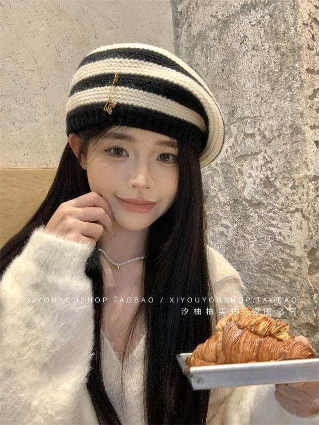 Striped Knit Beret Hat Product Image