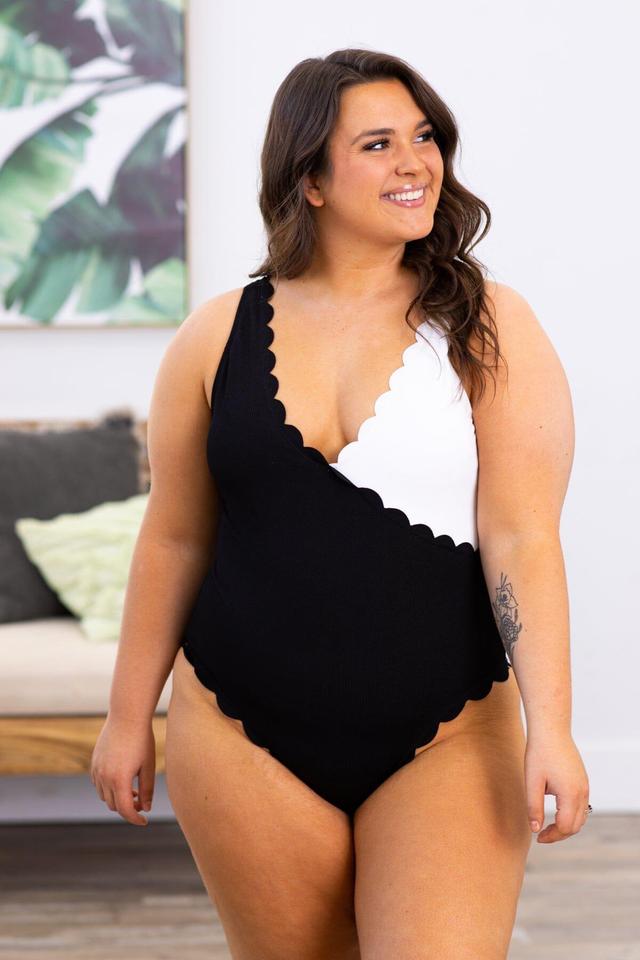 Black and White Scalloped One Piece Swimsuit Product Image