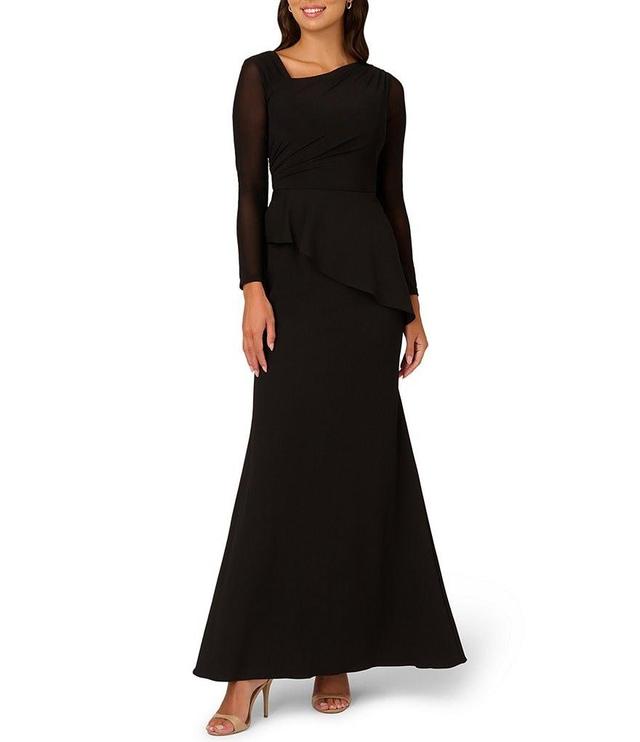 Adrianna Papell Crepe Asymmetrical Neck Illusion Long Sleeve Peplum Gown Product Image