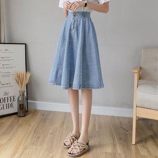 Elastic Waist Washed Button-Fly Midi A-Line Denim Skirt product image