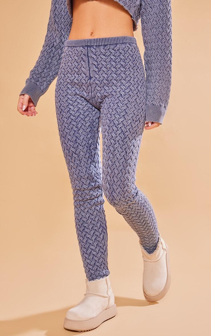 Blue Cable Knitted Denim Look Leggings Product Image