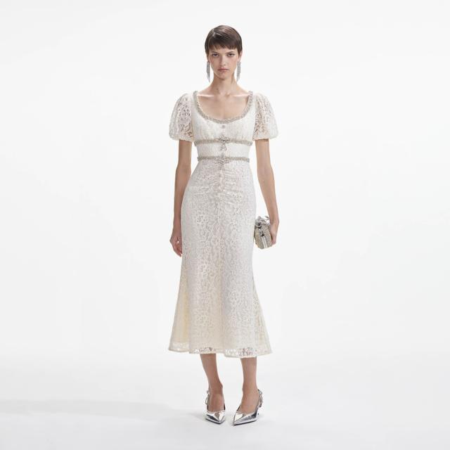 Cream Lace Diamante Trim Midi Dress Product Image