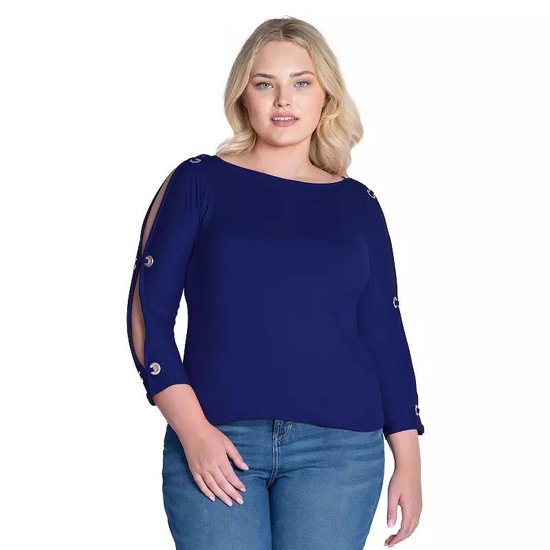 Plus Size 24Seven Comfort Apparel Boatneck 3/4-Sleeve Grommet Detailed Top, Womens Product Image