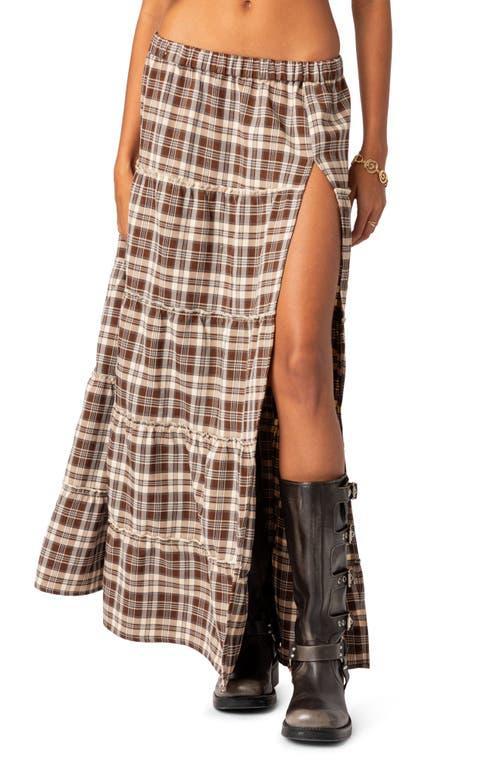 EDIKTED Plaid Tiered Slit Maxi Skirt Product Image